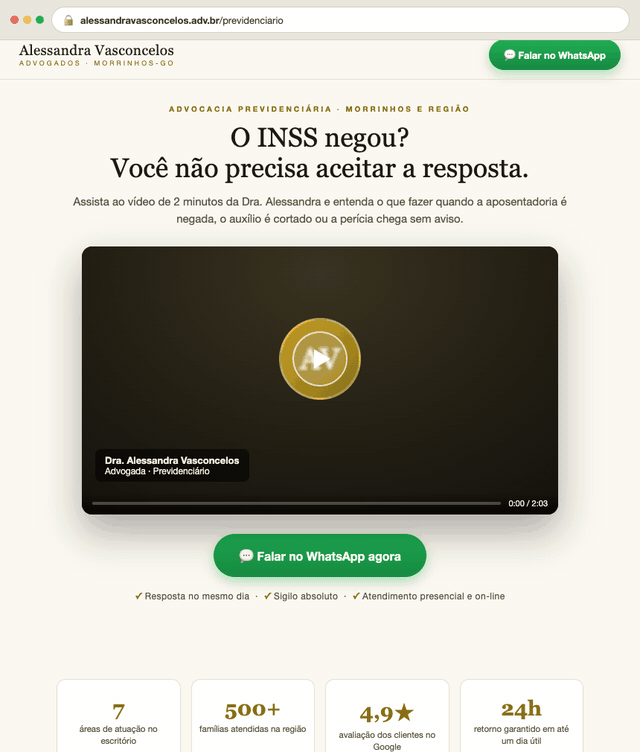 Navegação real pela página do Previdenciário: vídeo da doutora no topo, avaliações de clientes e o botão Falar no WhatsApp